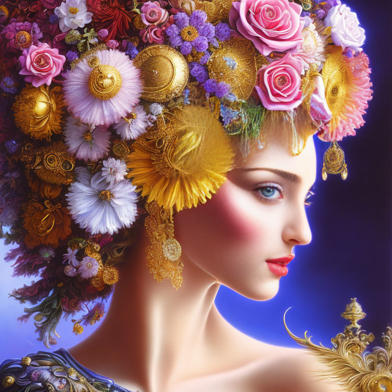 Colorful Flower and Gold Adorned Woman Profile Portrait in Digital Art