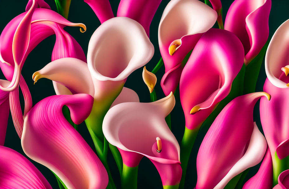 Pink Calla Lilies and Purple Flowers with Yellow Stamens on Dark Background