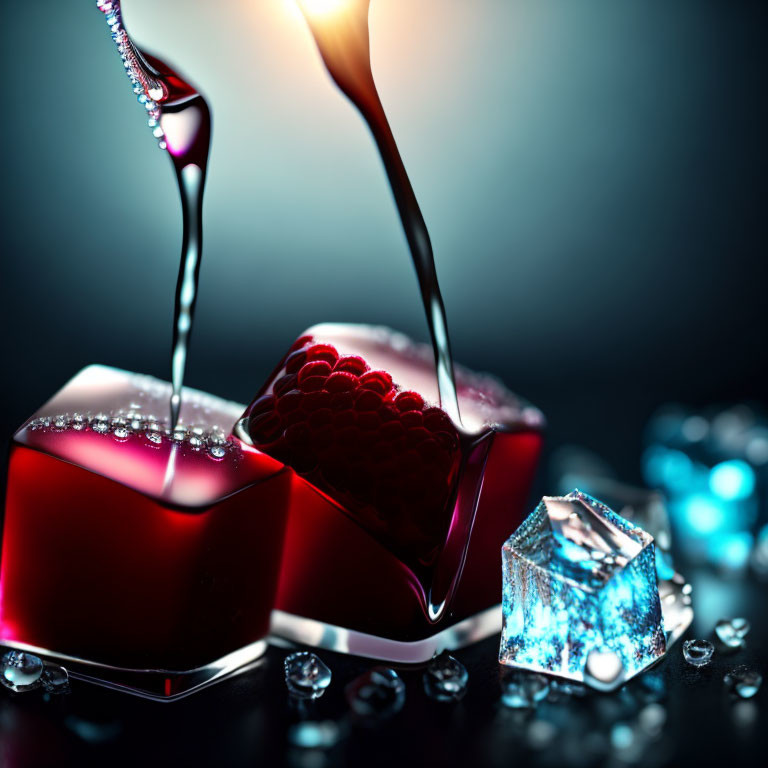 Vibrant red gelatin cubes with pouring liquid, blue bokeh background, blue gem, and