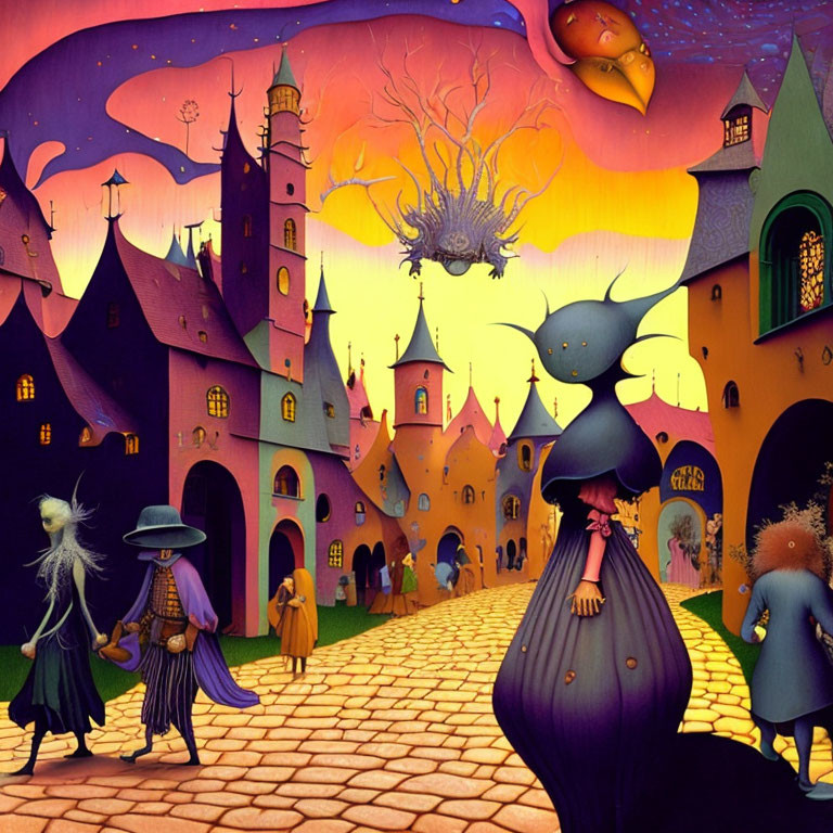 Whimsical surreal fantasy illustration with elongated characters on cobblestone path