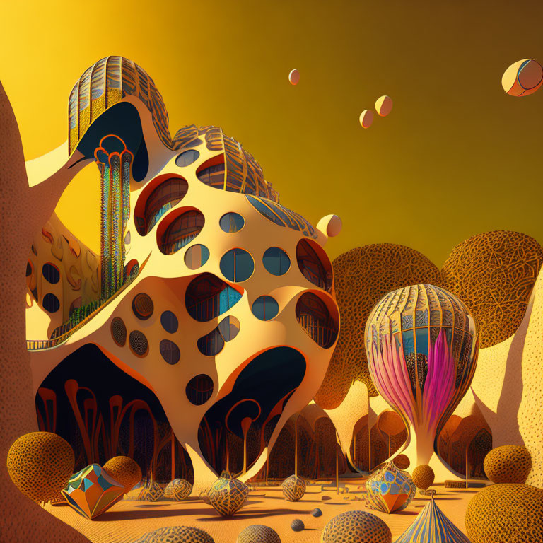 Whimsical surreal landscape with hot air balloons and floating orbs