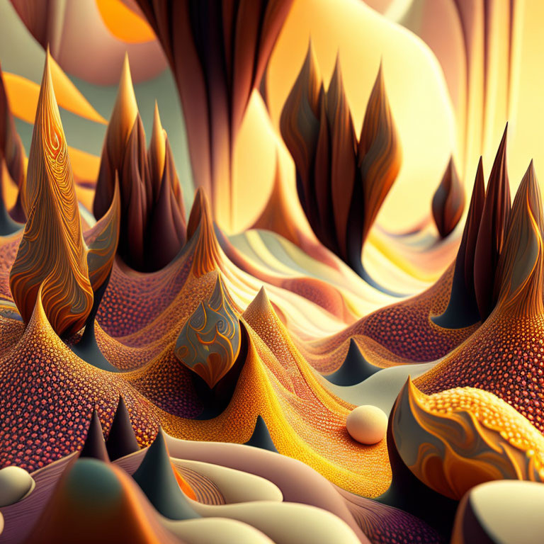 Abstract surreal landscape with orange, brown, and cream spike-like formations