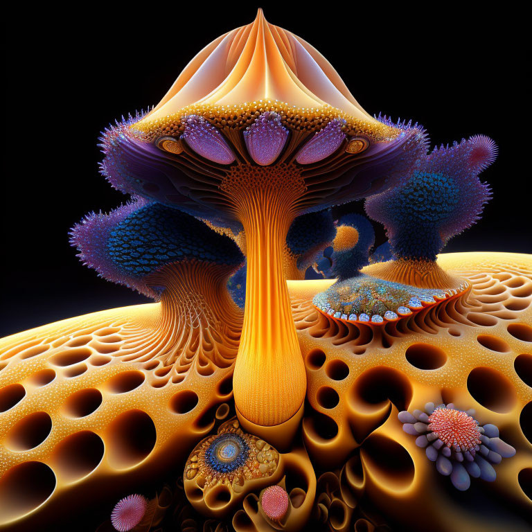 Colorful fractal art: surreal mushroom structure on dark background