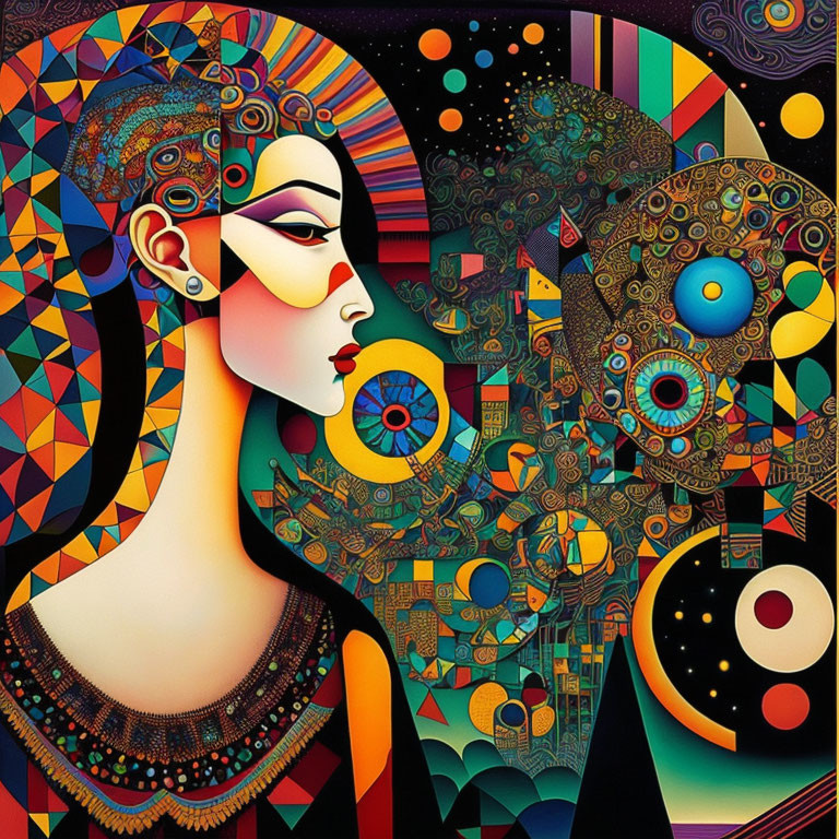 Vibrant abstract art: stylized woman's profile with cosmic elements and intricate patterns.