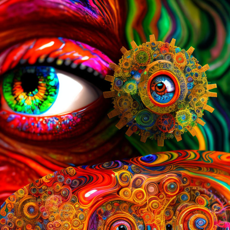 Colorful eye art with floating gears on abstract backdrop