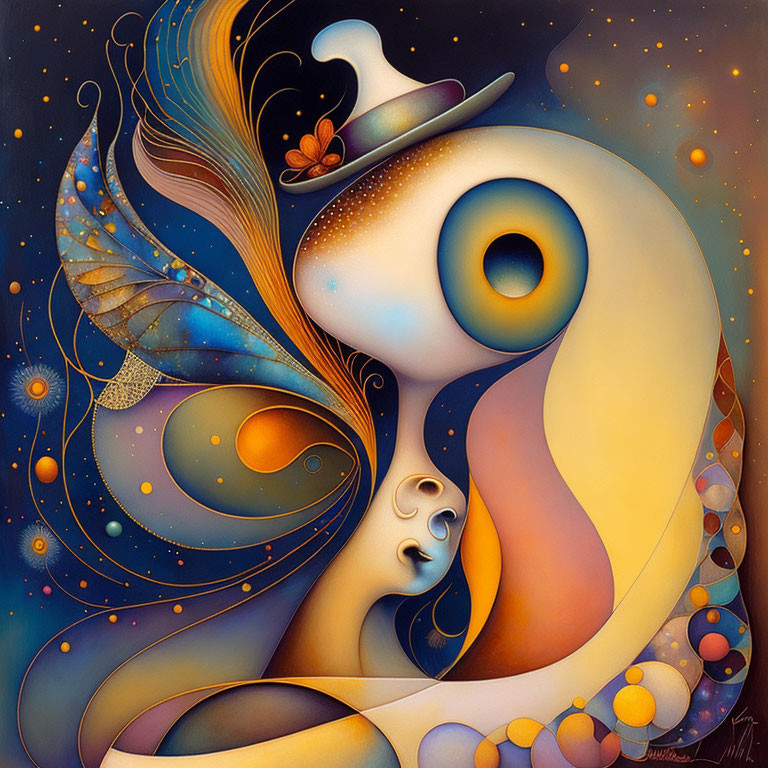 Surreal painting of stylized figure with oversized eye and cosmic elements