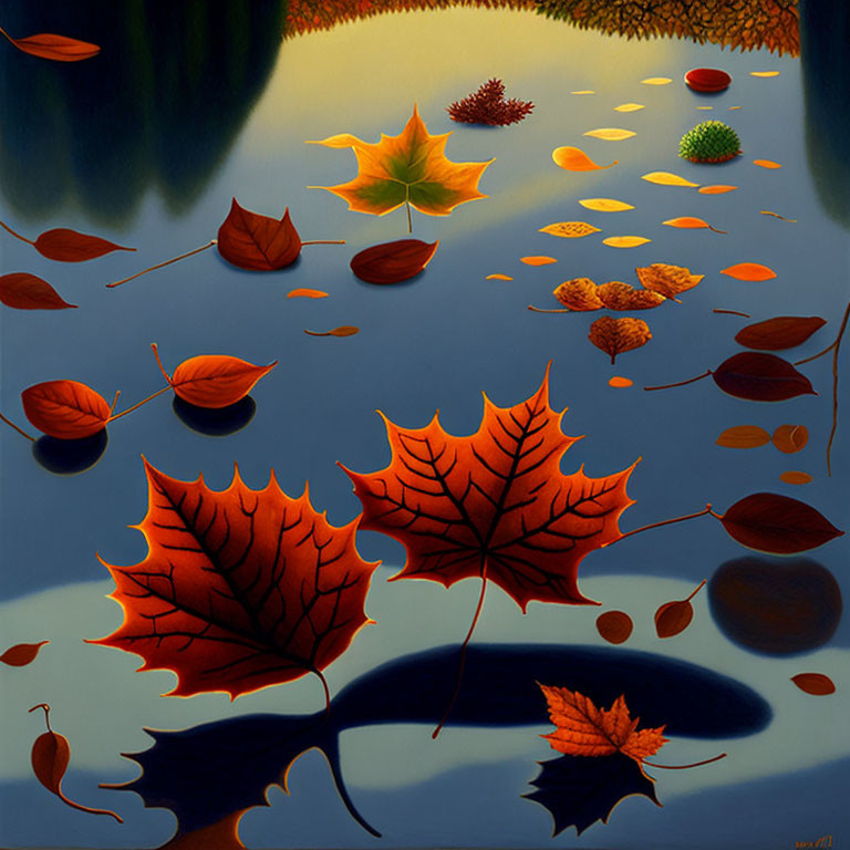 Autumn leaves and seeds on water under gradient sky