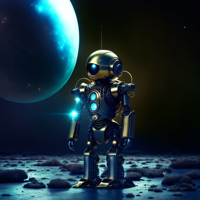 Futuristic robot on moon-like surface with blue planet and stars.