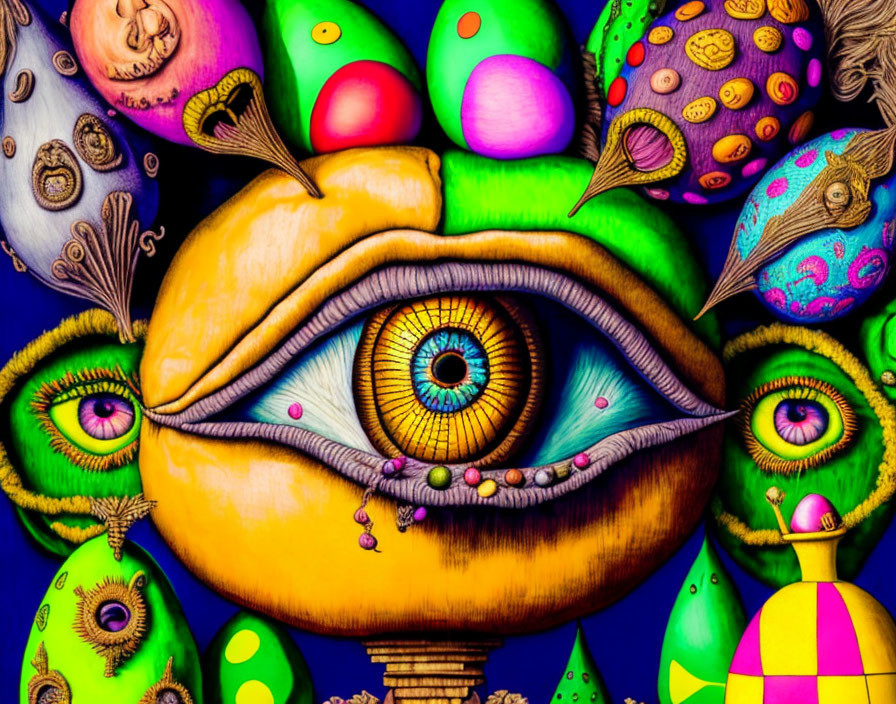 Colorful surreal painting with central eye and intricate designs.