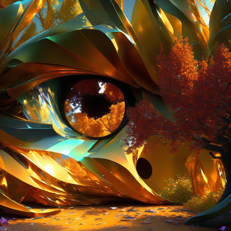 Vibrant surreal forest with golden swirling leaves and eye-like structures