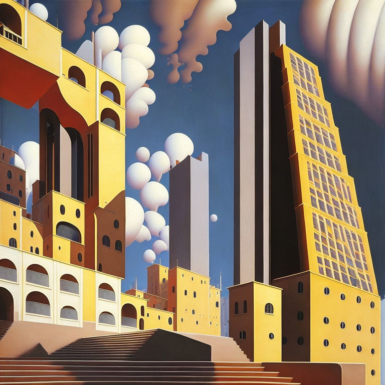 Colorful Surreal Art: Stylized Buildings & Cloud-like Spheres