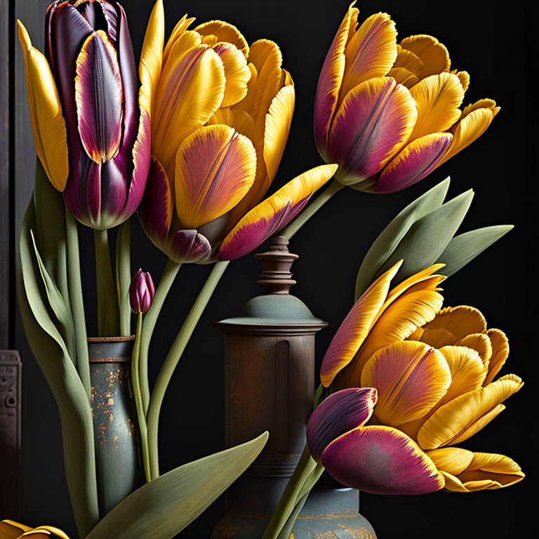 Yellow and Purple Striped Tulips with Lantern on Black Background