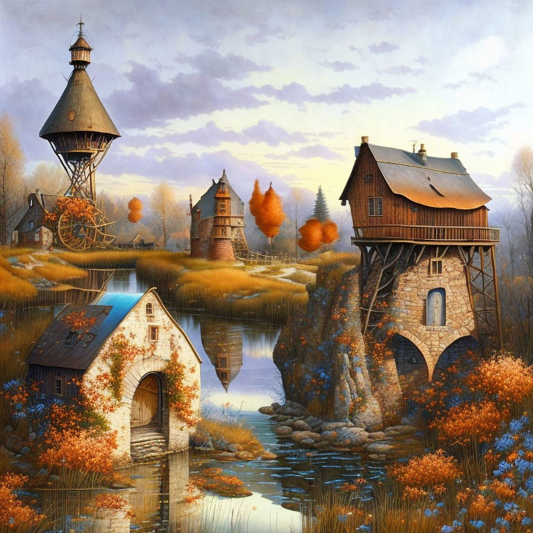 Tranquil autumn scenery with watermill, windmill, river, and rustic houses