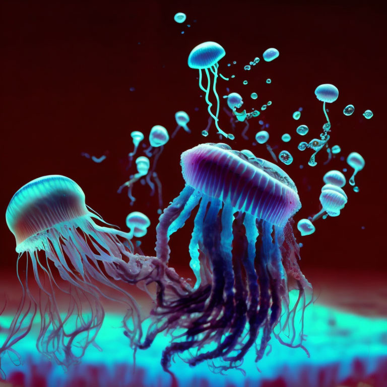 Bioluminescent jellyfish in various sizes on deep red background