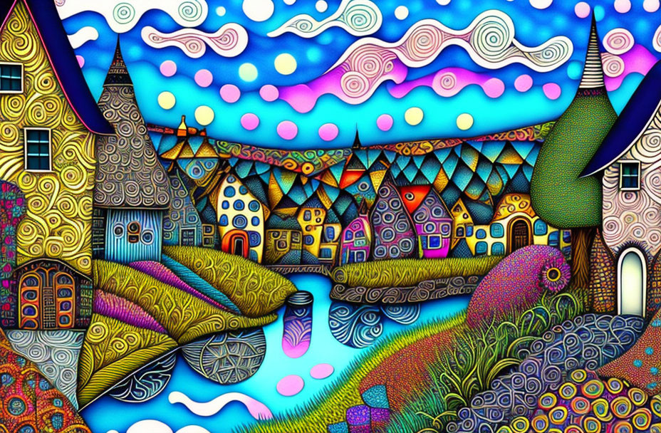 Vibrant village scene with patterned houses and swirling sky