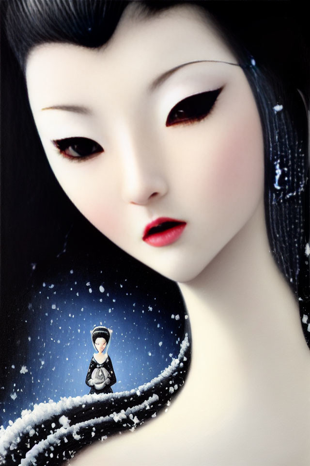 Doll with Pale Skin and Black Hair Holding Smaller Version on Starry Background