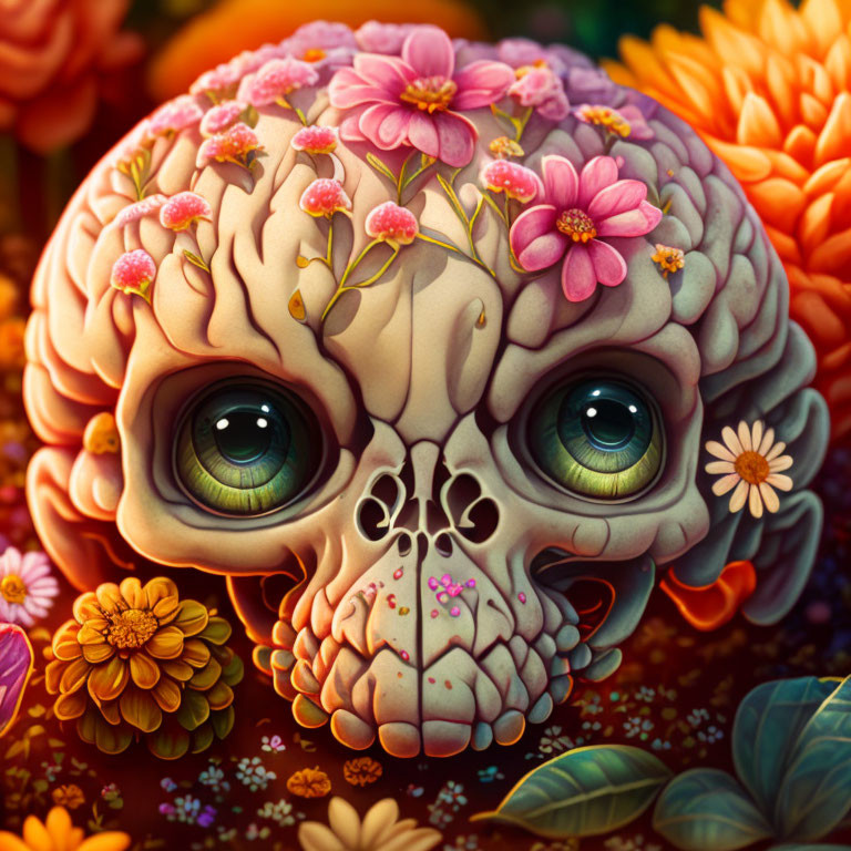 Colorful Skull Illustration with Vibrant Green Eyes and Floral Decorations