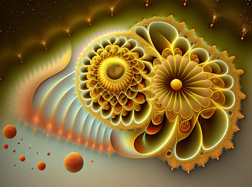 Intricate Floral and Spiral Fractal Patterns in Gold, Orange, and Brown