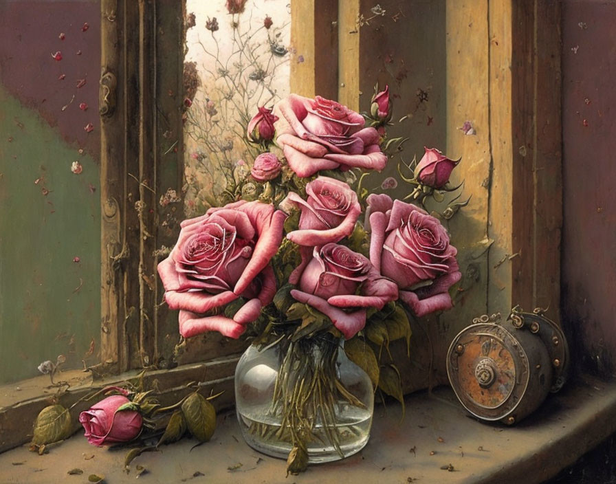 Withering pink roses bouquet and rustic pocket watch on a ledge by open window