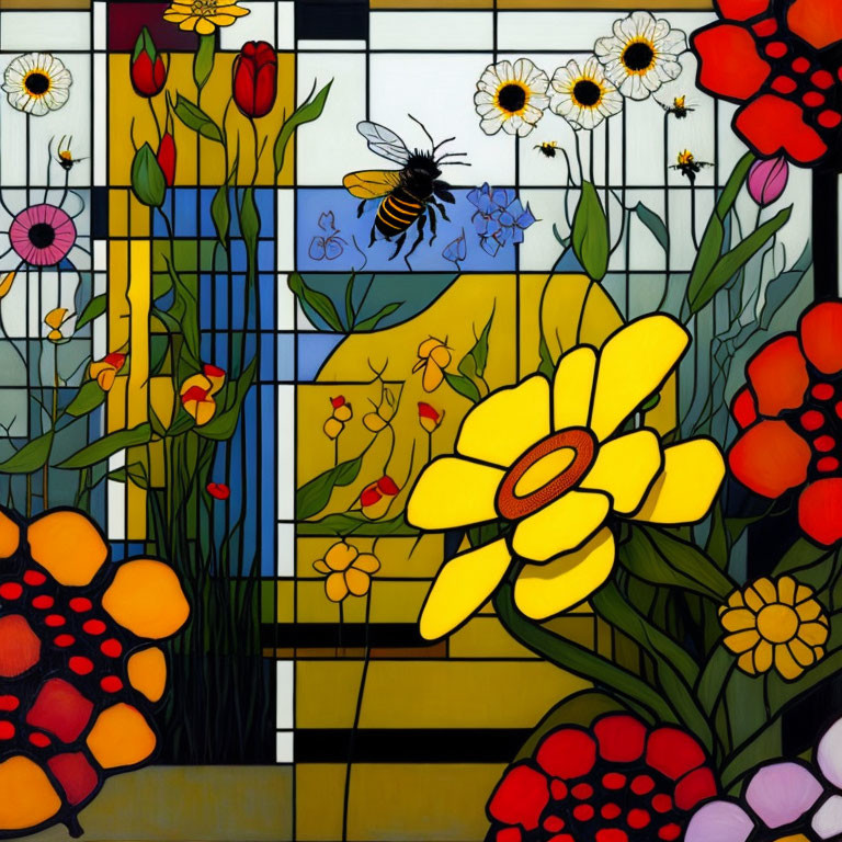 Colorful stained glass with tulips, daisies, and a central bee