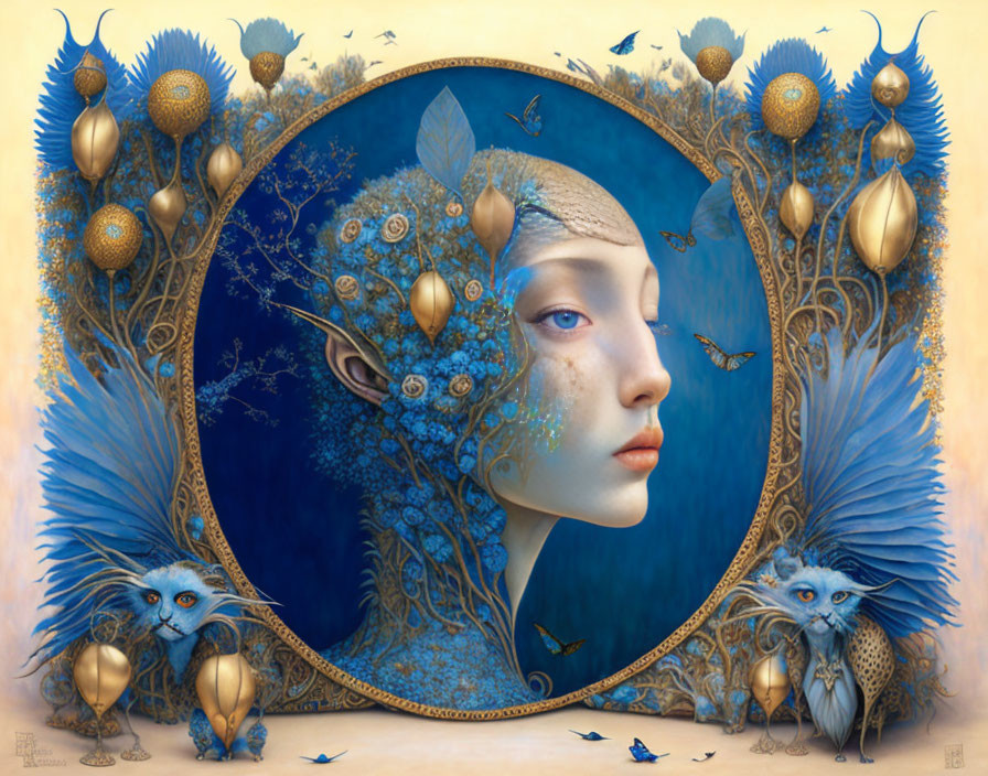 Surreal portrait of woman with blue flora and fauna motifs and fantastical creatures