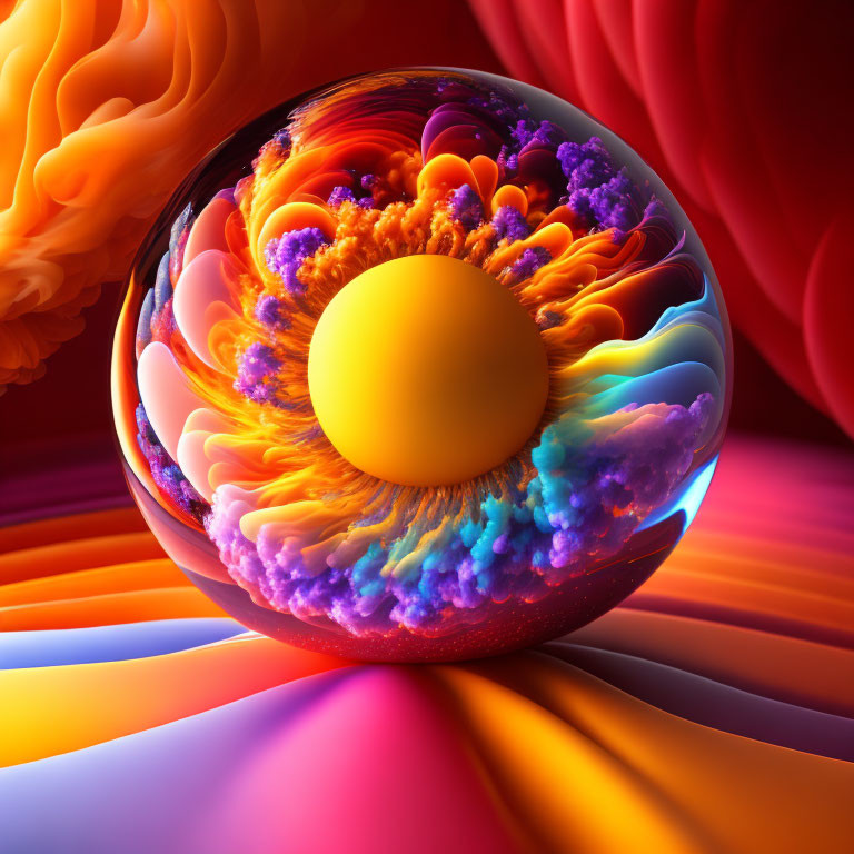 Colorful 3D digital art: Glossy sphere with vibrant textures on wavy backdrop