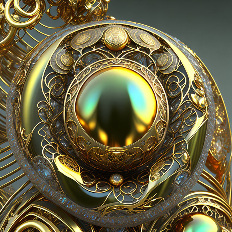 Intricate Golden Fractal Sculpture with Glossy Gem-like Center