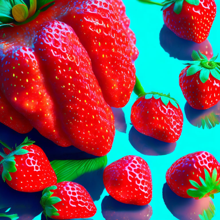 Fresh Red Strawberries on Bright Blue Background