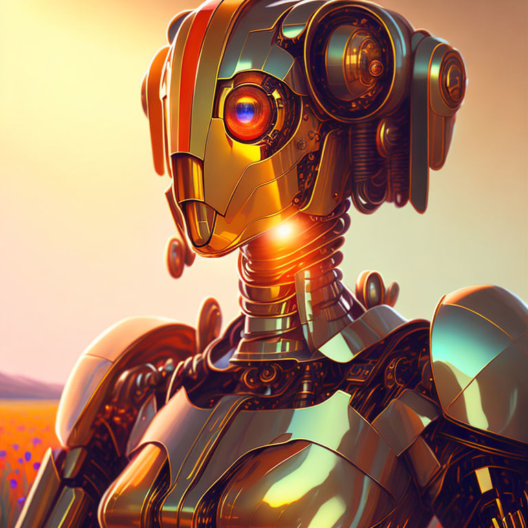 Detailed humanoid robot illustration with sleek metallic design and vibrant yellow and orange hues.