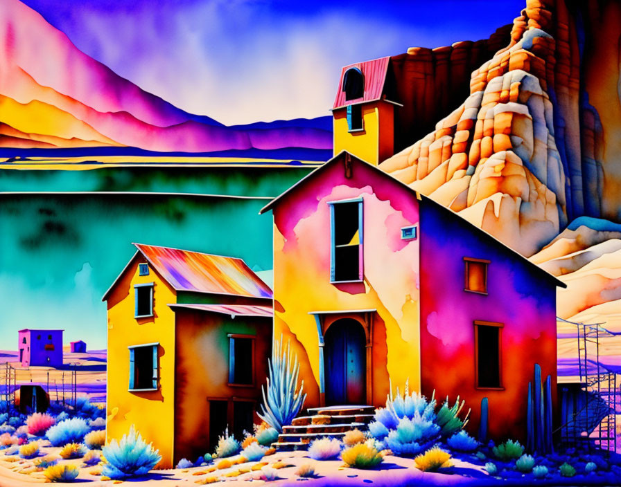 Colorful Surreal Buildings and Geological Formations in Vibrant Painting