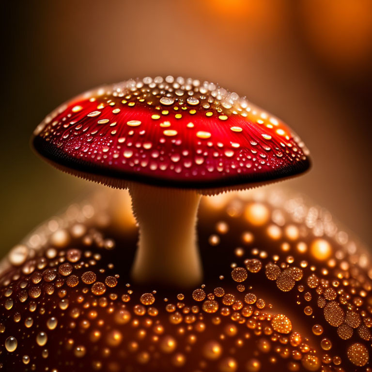 Dew-covered red mushroom with white spots on cap in close-up.