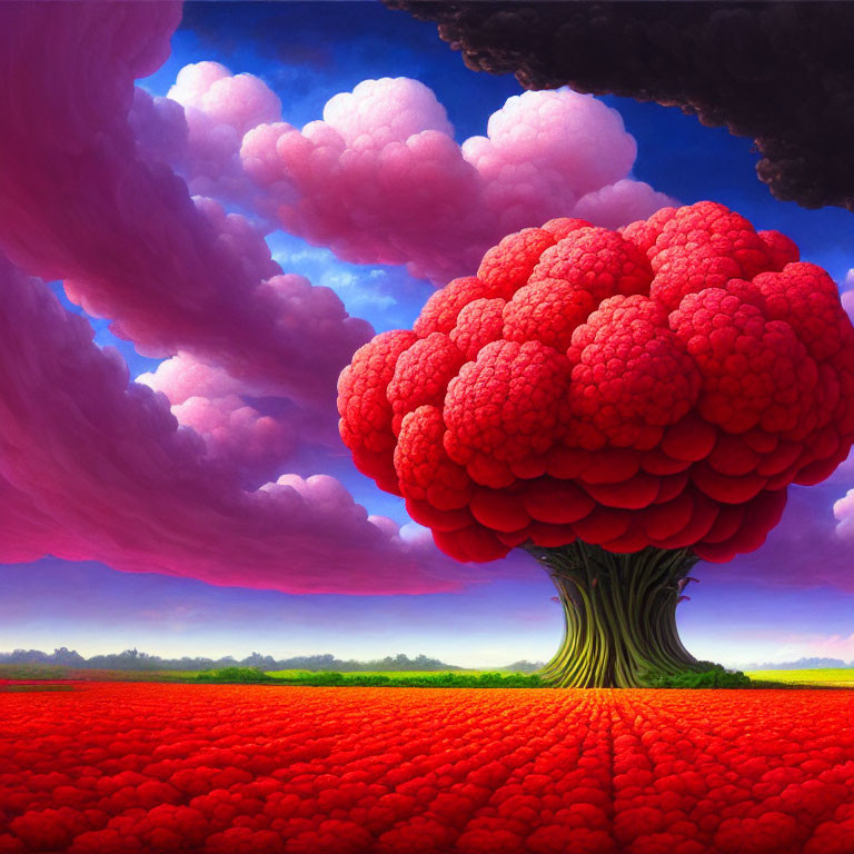 Surreal landscape with red raspberry tree and pink sky