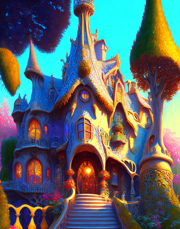 Colorful Fairy Tale Cottage Surrounded by Fantastical Trees