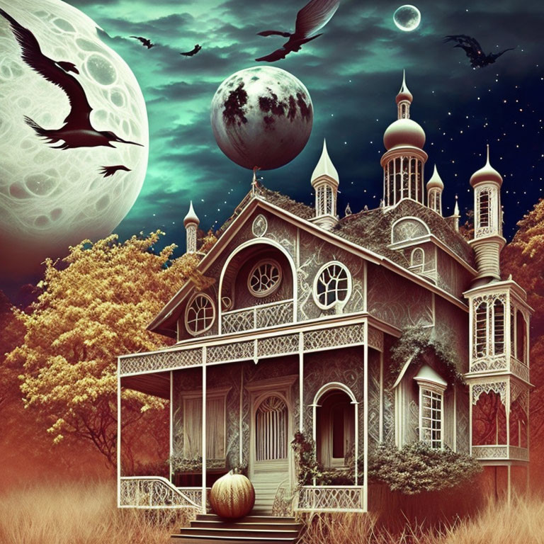 Victorian-style house under multiple moons and flying birds