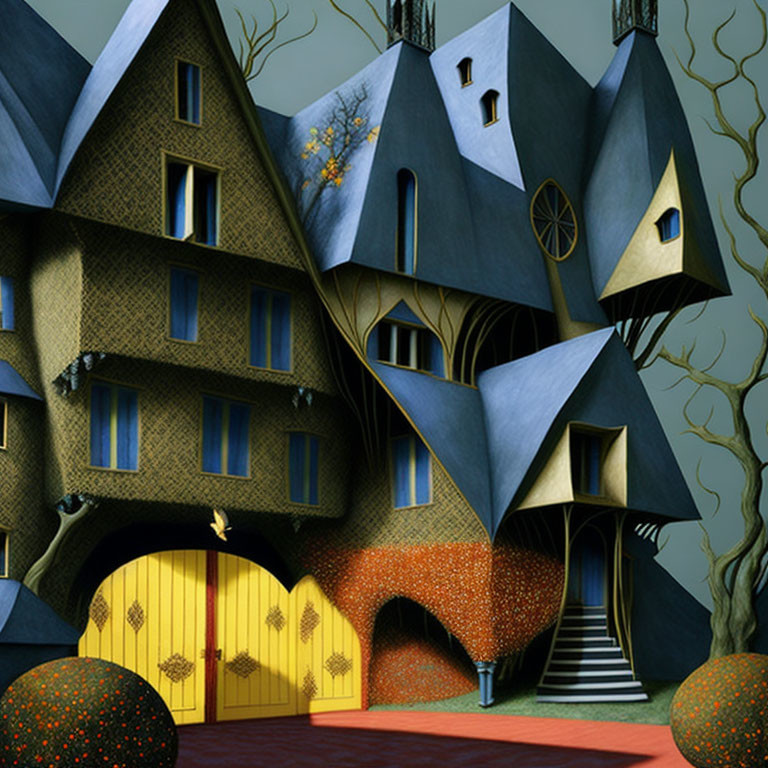 Whimsical house illustration with yellow double door, textured walls, blue roofs, and abstract trees.