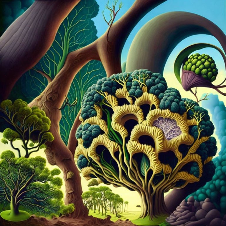 Vibrant surreal landscape with stylized trees and plants