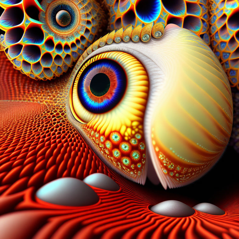 Colorful fractal art: intricate eye with surreal surroundings