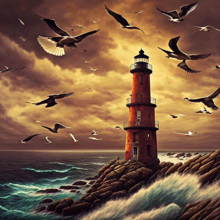 Old lighthouse on rocky shoreline with crashing waves and dramatic sunset sky