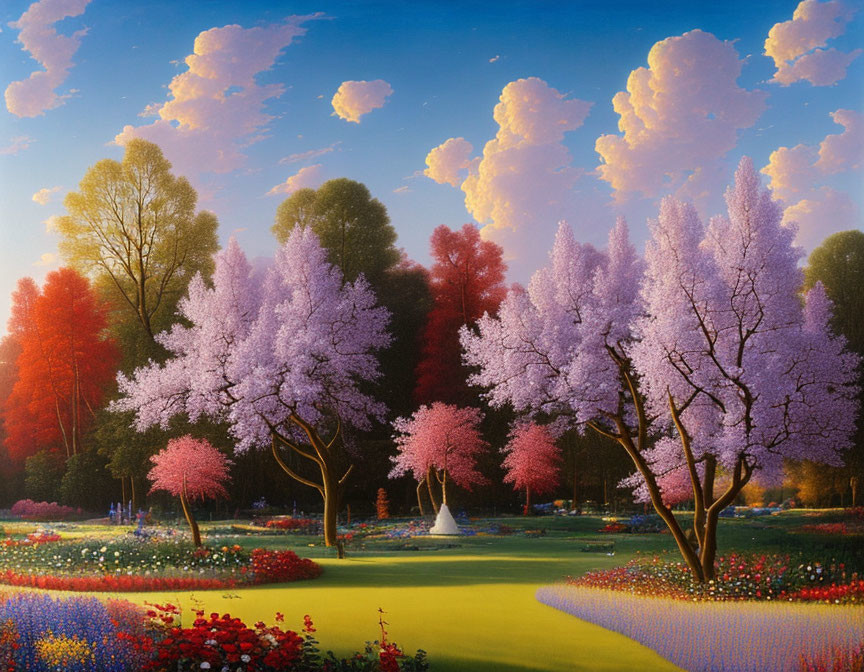 Colorful landscape with purple trees, green lawn, flowers, and fluffy clouds