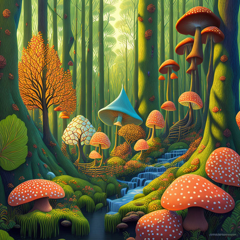 Colorful Mushroom Forest with Blue Stream and Autumn Trees