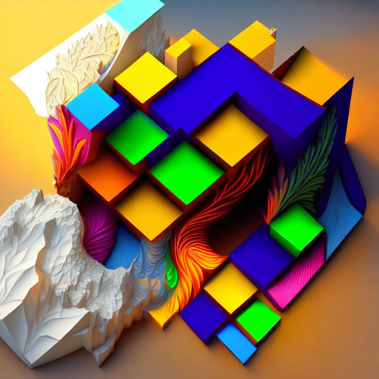 Colorful 3D abstract illustration with swirling patterns and leaves