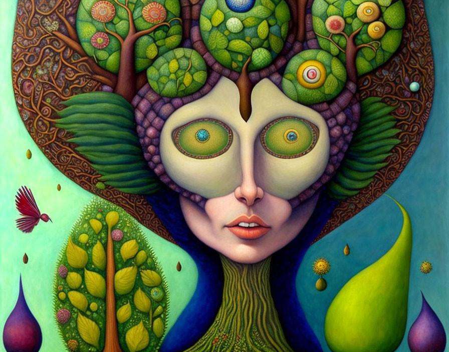 Surreal artwork of face with tree-like features and vibrant greenery