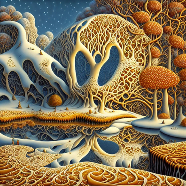 Surreal landscape with intricate tree-like structures under starry sky