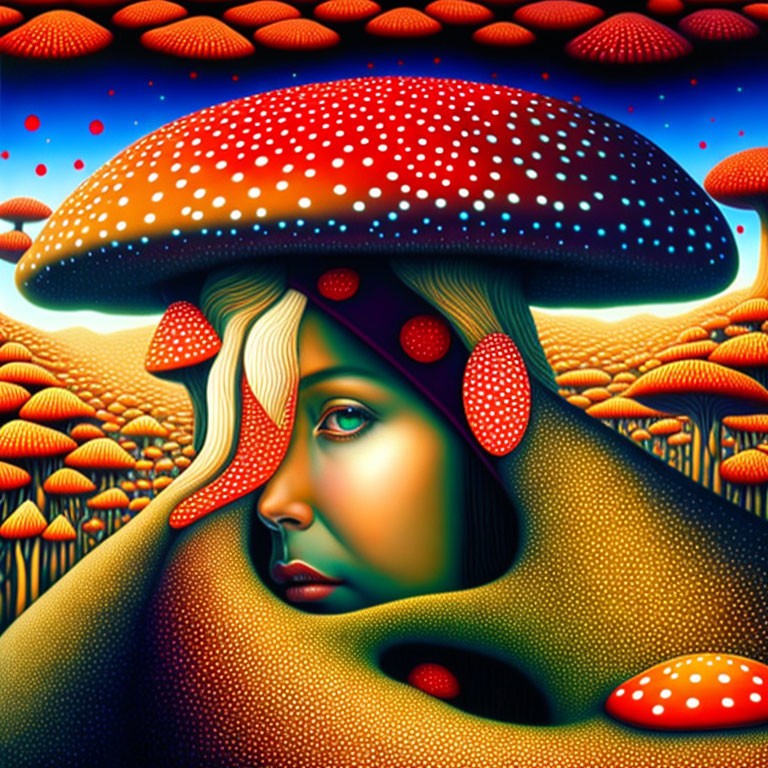 Colorful digital artwork: Woman's face in mushroom landscape