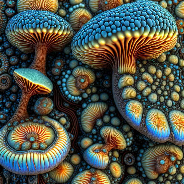 Colorful Digital Mushrooms on Intricate Orb Pattern