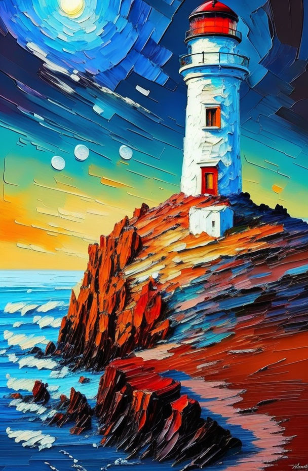 Vibrant expressionist painting: lighthouse on rocky cliff at sunset