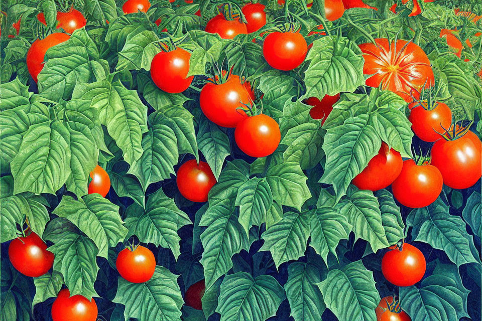 Colorful illustration: Ripening red tomatoes with butterflies on green plants