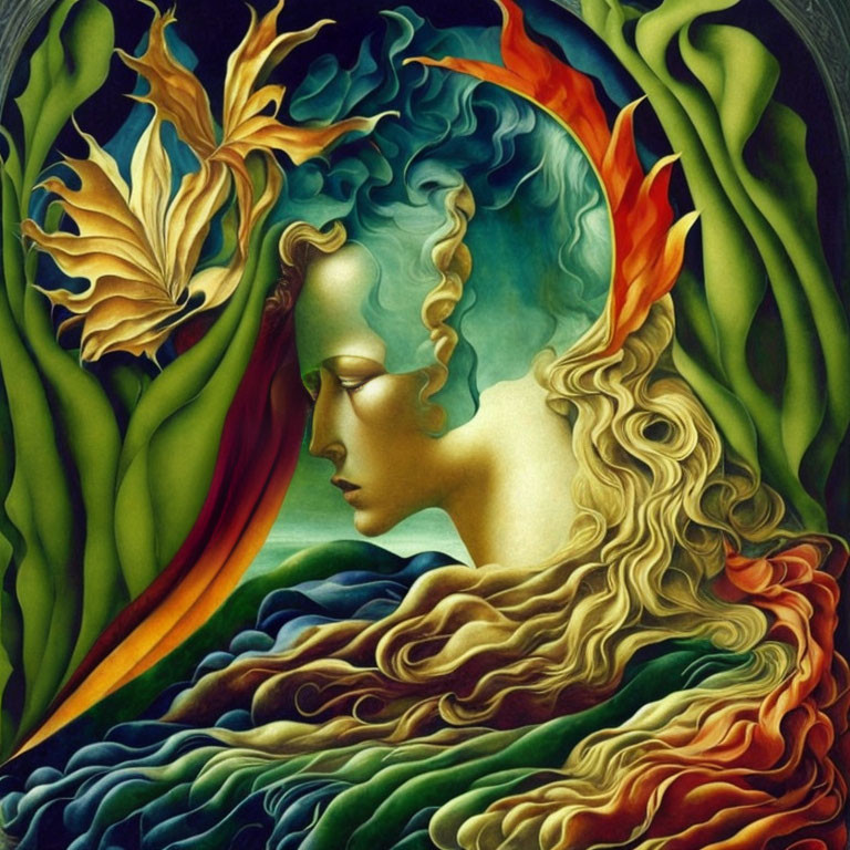 Surrealistic painting: Woman's face with flowing shapes & vibrant colors