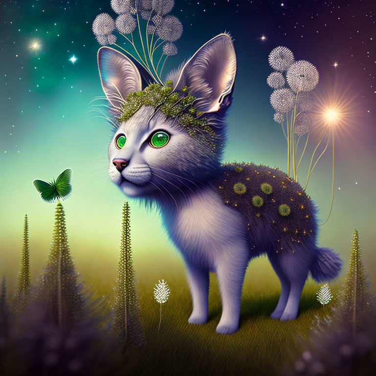 Gray kitten with green eyes in mystical meadow with flowers and butterfly