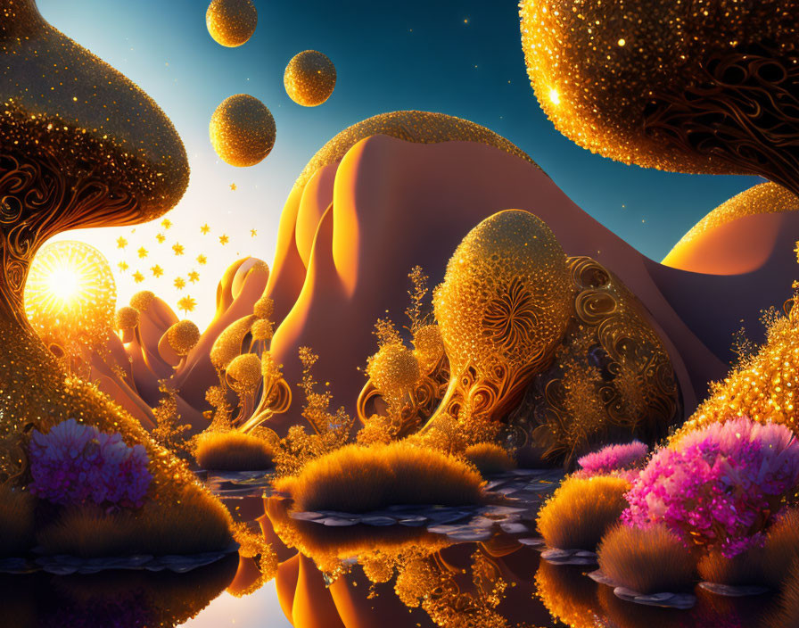 Golden Trees and Floating Orbs in Whimsical Landscape